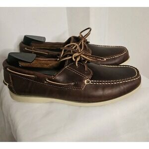 Lands' End Mainstay 2-Eye Brown Leather Lace-Up Boat Shoes‎ Mens Size 9.5 D
